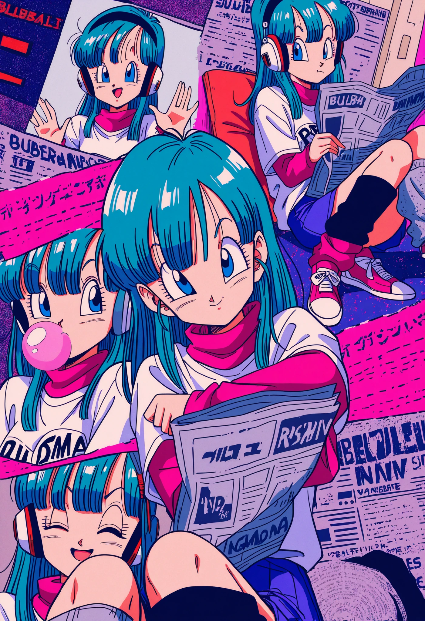masterpiece, best quality, amazing quality, Collage-Style, bulma, happy, collage, retro, dragon ball, sneakers, bubblegum, vhs tape, static, leg warmers, solo, cool pose, newspaper, sketchy lines, Static TV Noise, chewing gum, retro walkman, headphones, stylish, sitting, dutch angle,