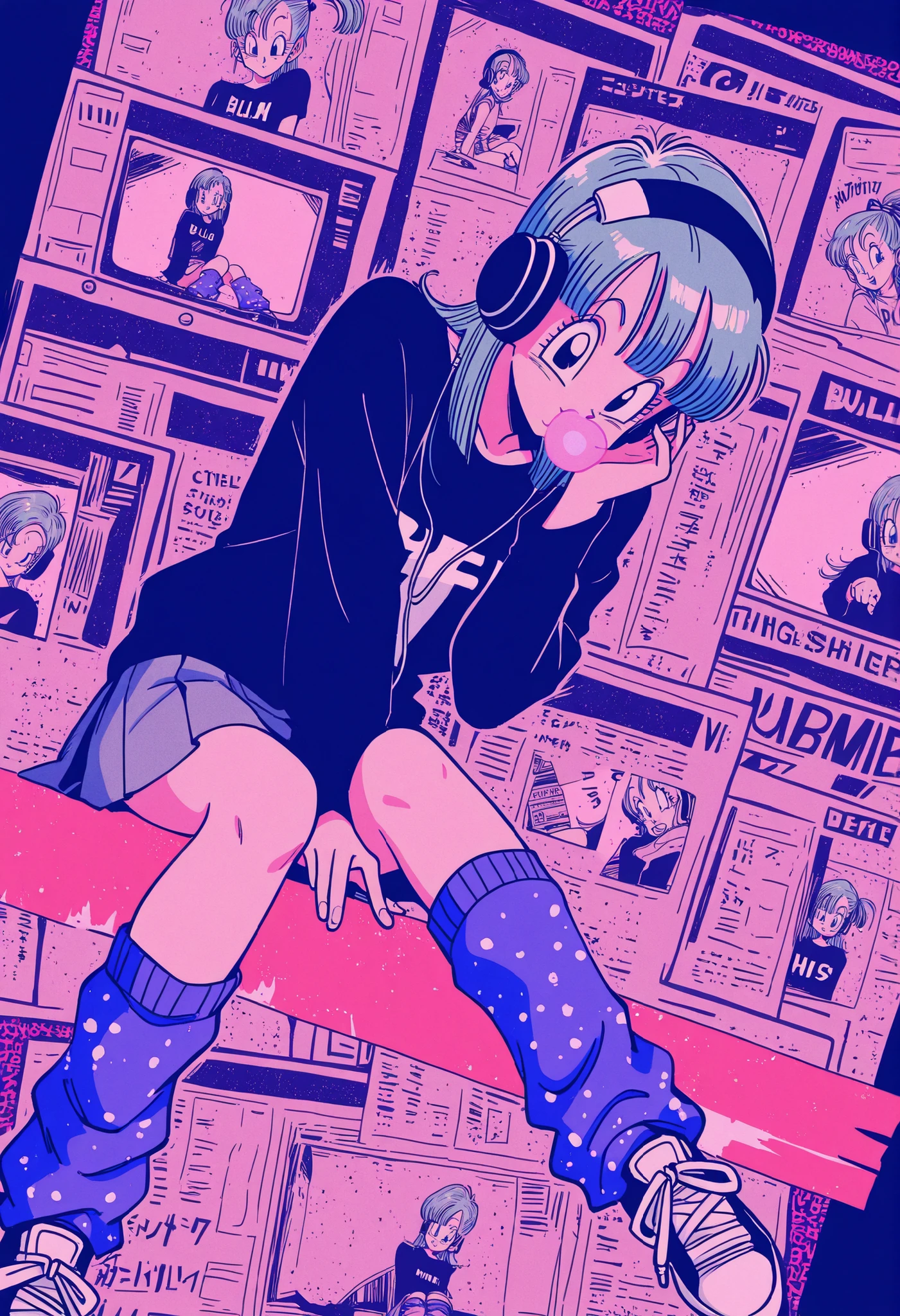 masterpiece, best quality, amazing quality, Collage-Style, bulma, happy, collage, retro, dragon ball, sneakers, bubblegum, vhs tape, static, leg warmers, solo, cool pose, newspaper, sketchy lines, Static TV Noise, chewing gum, retro walkman, headphones, stylish, sitting, dutch angle,