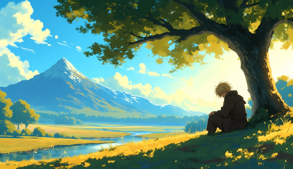 A cinematic 2D anime-style illustration in the style of Vinland Saga. A lone warrior with shaggy blonde hair and a rugged medieval outfit sits peacefully under the shade of a large tree. His posture is relaxed, his head slightly bowed, and a gentle breeze causes a few strands of his hair to flow slowly. The character is placed at a distance, not too close to the viewer, allowing the vast landscape to be visible. Behind him, a scenic mountain range rises in the distance, and a clear river flows gently through the valley below. The sky is bright blue with soft, scattered clouds. The sunlight shines warmly from the top right, casting long shadows from the tree and giving the entire scene a golden glow. The atmosphere is tranquil and reflective, evoking a sense of peace and quiet contemplation.