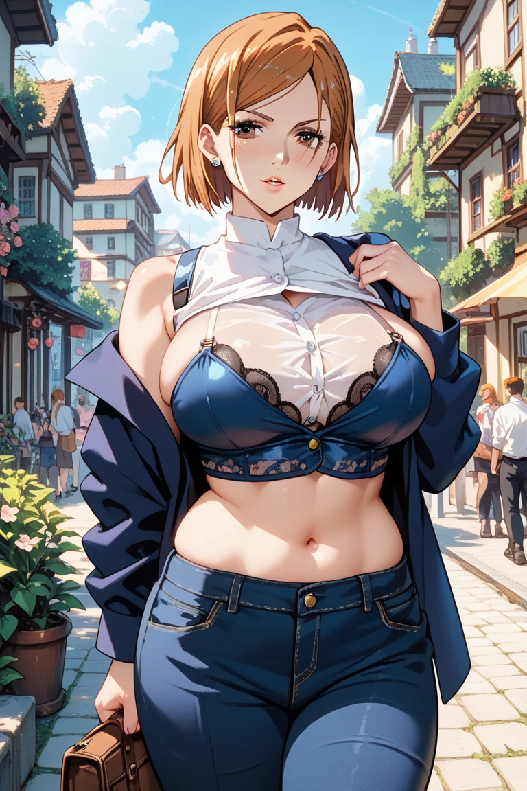 2D Anime Style、Blue eyes、Beautiful shining eyes, (Talented lo-fi:1.3),breasts are slightly larger、A cool adult woman with short blonde hair and a serious expression....、Fashion that shows off your stomach, wearing an unbuttoned white shirt,Underwear is visible,walking through the streets of japan,