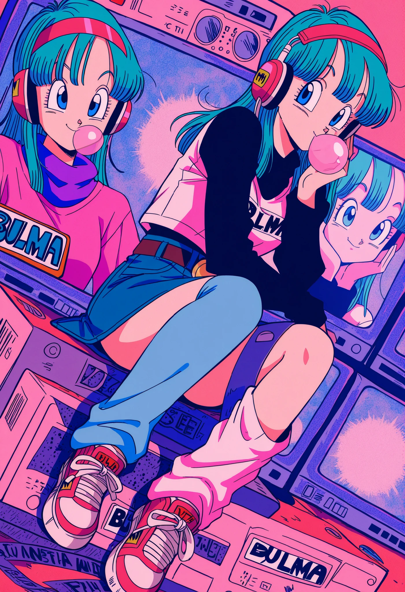 masterpiece, best quality, amazing quality, Collage-Style, bulma, happy, collage, retro, dragon ball, sneakers, bubblegum, vhs tape, static, leg warmers, solo, cool pose, sketchy lines, Static TV Noise, chewing gum, retro walkman, headphones, stylish, sitting, dutch angle,