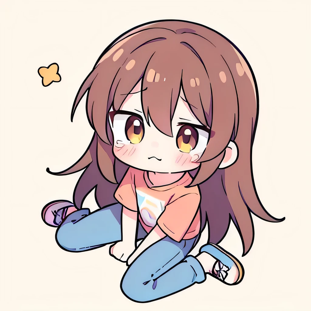 chibi emoji of an anime girl with long loose reddish-brown hair, hazel eyes, and straight cascade, wearing a cute outfit with pastel colors, T-shirt, wide jeans and Vans. Ensure her expression is sad and sweet. She is sitting on the floor and looks up with tears in his eyes. Perspective top view. Minimum of details.