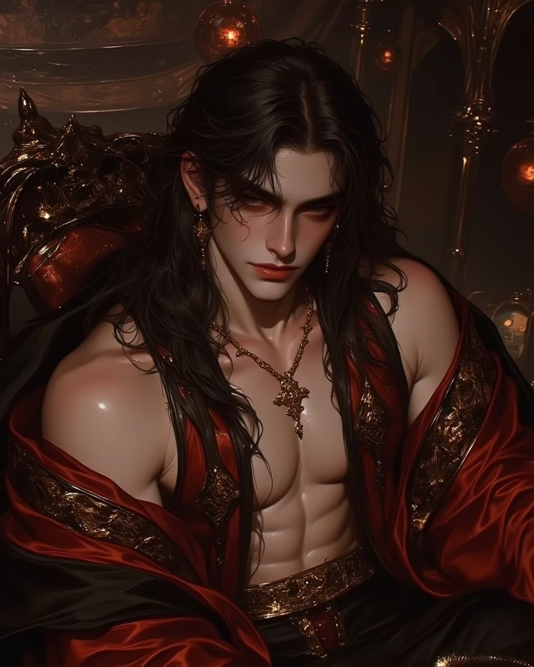 Masterpiece artwork: 1.4), (best qualityer: 1.2), vampyre, 1 young boy, male focus, eye patche, noble clothes, jewelly, long hair, bloodstains nas roupas, bloodstains, respingos de bloodstains, Eyes red, gazing at viewer, in the castle, natta, oferecendo a mão com bloodstains pra servir outro homem Nobre