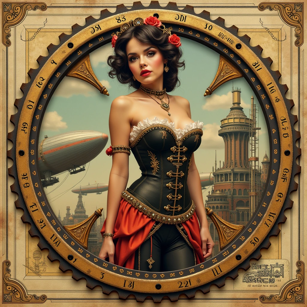 "collage art, Steampunk pinup collage as a monthly calendar — 12 women in Victorian corsets with gear accessories, in front of airships/Steam engines. each is on floating cogwheel date displays. Stil: Playboy vintage with gold embossing, Mixed-Media-Texturen (Rost, Blueprints)."**

Additional options:

    "Hajime Sorayama x Gil Elvgren Style"

    "--ar 3:4" (for calendar format)