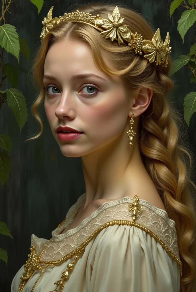 Galadriel Lady of the Woods, proportionate face, beautiful face,  structure, human face, oil on canvas, fine brush strokes, romanticism, by Tom Bagshaw, Alphonse Mucha, photorealistic. (( heidypinoflux ))