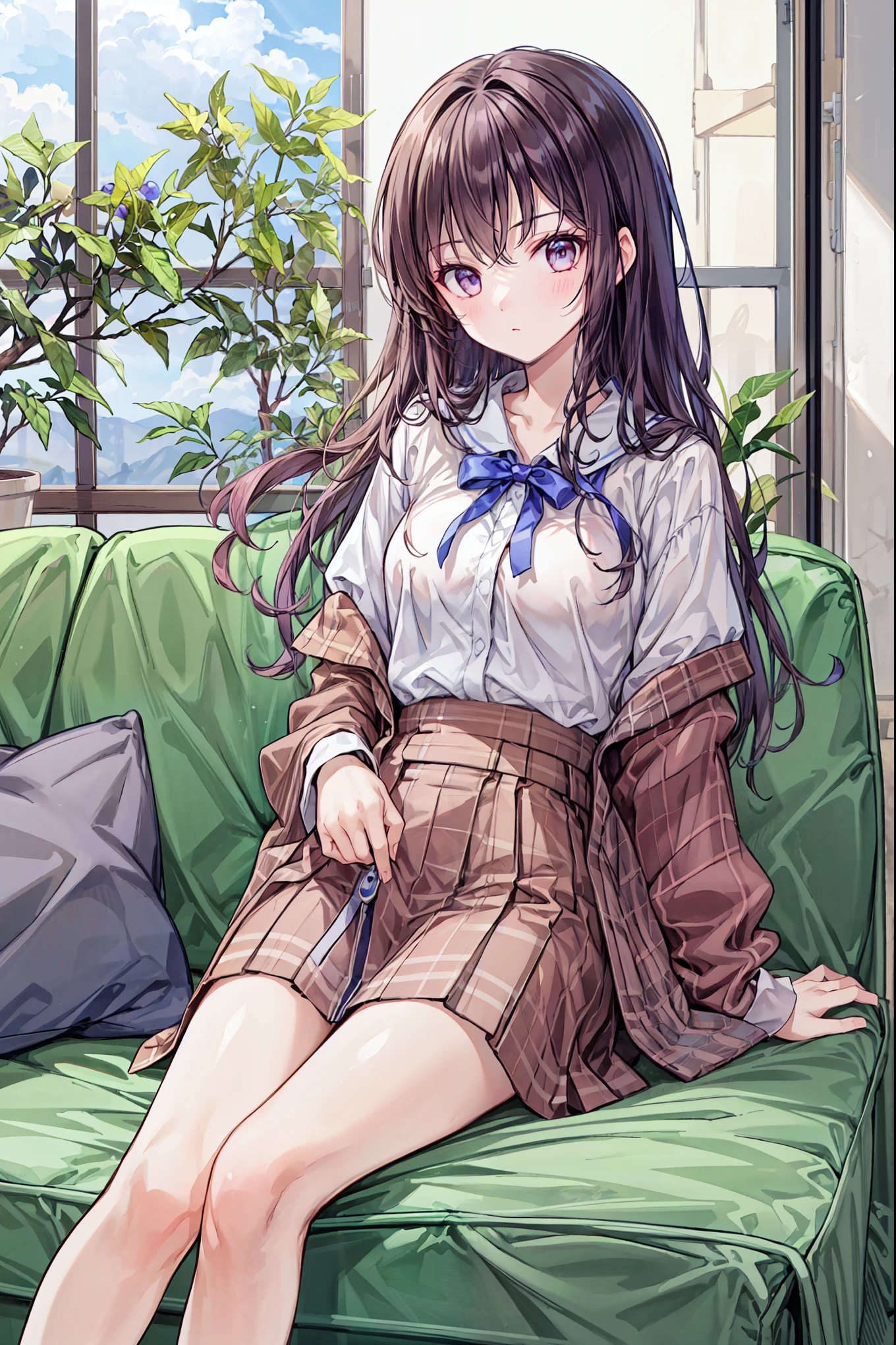 (masterpiece:1.2, Highest quality, Ultra-high resolution, Super detailed), (Realistic, photoRealistic:1.4), Beautiful illustrations, (Natural Side Lighting, Cinema Lighting),
View your viewers, whole body, 1 girl, Japanese, high school girl, Perfect Face, (Perfect Anatomy), Cute and symmetrical face, Baby Face, Glowing Skin, thin,
(Long Hair:1.5, Boyish short cut:1.5, Light purple hair), Swept-apart bangs, Golden Eyes, Droopy eyes, Big eyes, Long eyelashes, (Medium chest),
Beautiful Hair, Beautiful Face, Beautiful attention to detail, Beautiful clavicle, Beautiful body, Beautiful breasts, Beautiful thighs, Beautiful feet, Beautiful fingers,
((Detailed cloth texture, Long sleeve light brown cardigan:1.4, Light grey pleated skirt, White collared shirt), Dark red tie, White thigh high),
(Beautiful views), Daytime, (Downtown) sit, (spread knees), (Smile, Open your mouth), spread legs,lifted her skirt:1.5,She lifts her skirt to reveal her white underwear