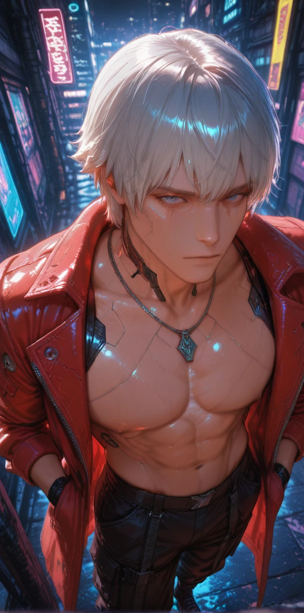 Male, white hair, red eyes, muscular, wearing female undewear