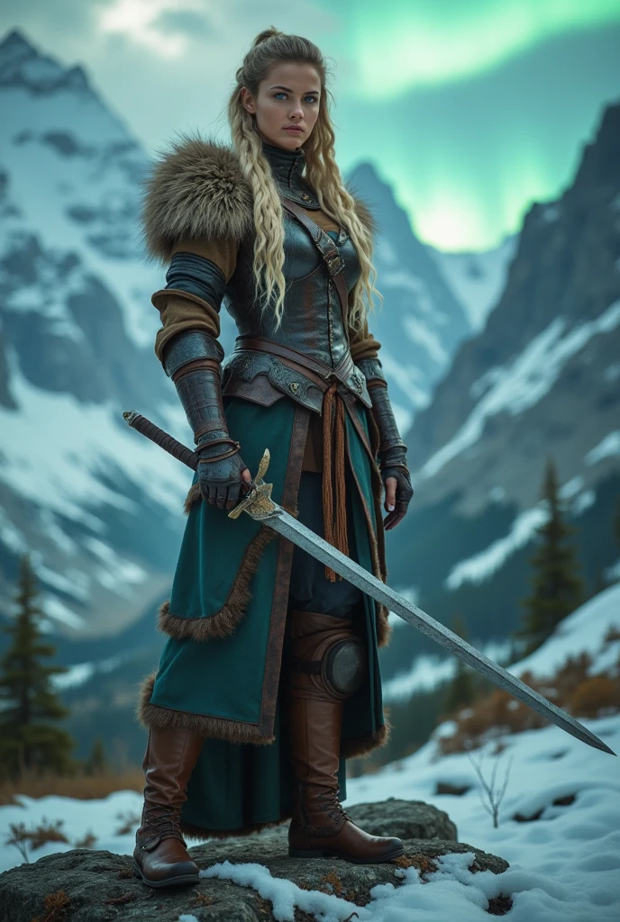 viking girl, beautiful nordic warrior woman, standing tall and proud, fierce expression, glowing blue eyes, long flowing blonde hair, intricate braids, wearing leather and fur armor, holding a battle-worn sword, majestic snowy mountain landscape, dramatic cloudy sky, magical aurora borealis, dramatic lighting, cinematic composition, digital art, fantasy, concept art, matte painting, highly detailed, 8K, photorealistic, HDR, physically-based rendering, vibrant colors, moody atmosphere