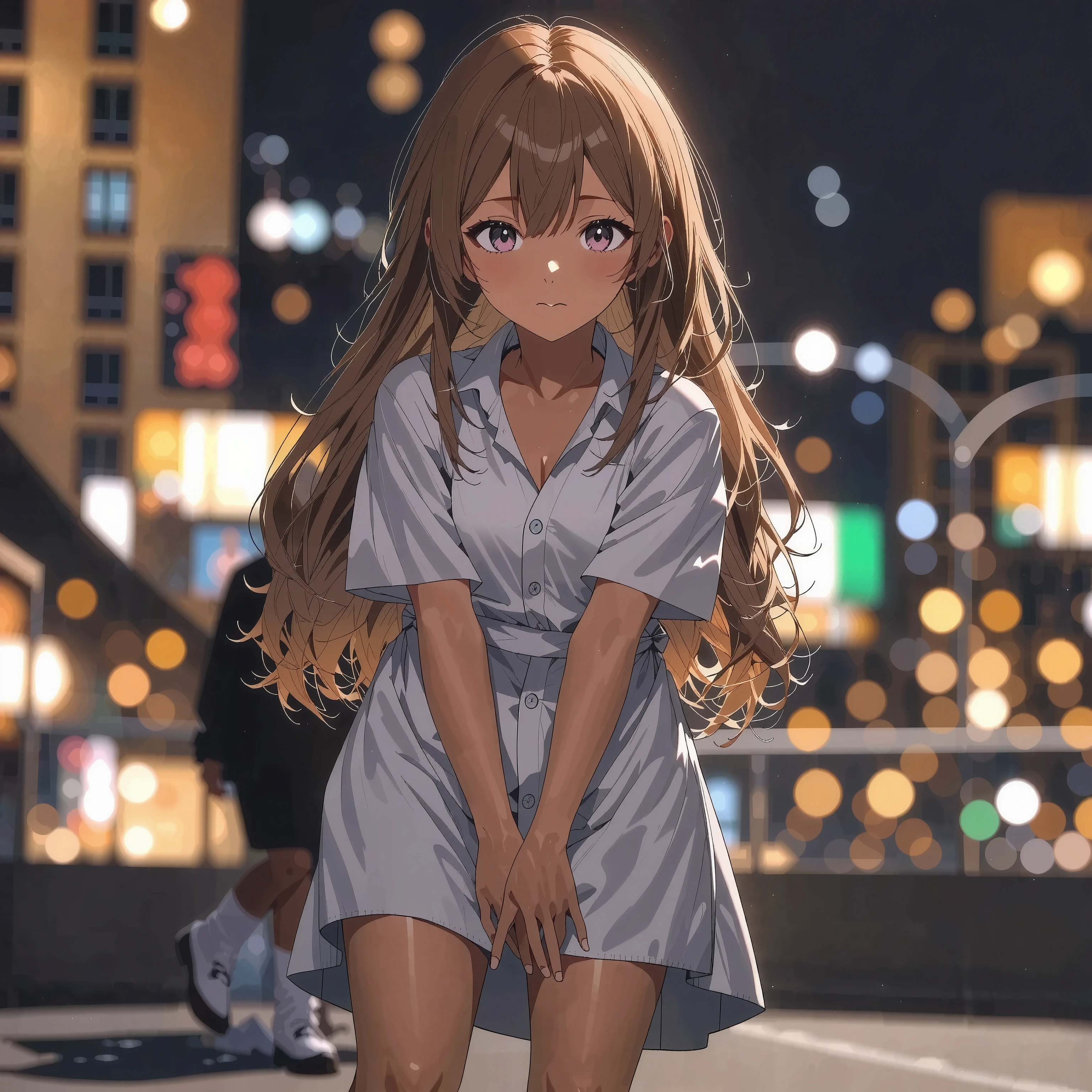 1 girl(kogyaru)、delicate expression、Slightly lonely eyes、hair is brown and semi-long、wearing uniform、loose socks、Toned Legs、is standing、The background is the cityscape、All、bright colors、High Quality、high resolution、Masterpieces、Super Fine、realistic、HDR、studio lighting、bokeh、vibrant color、Firm chest
