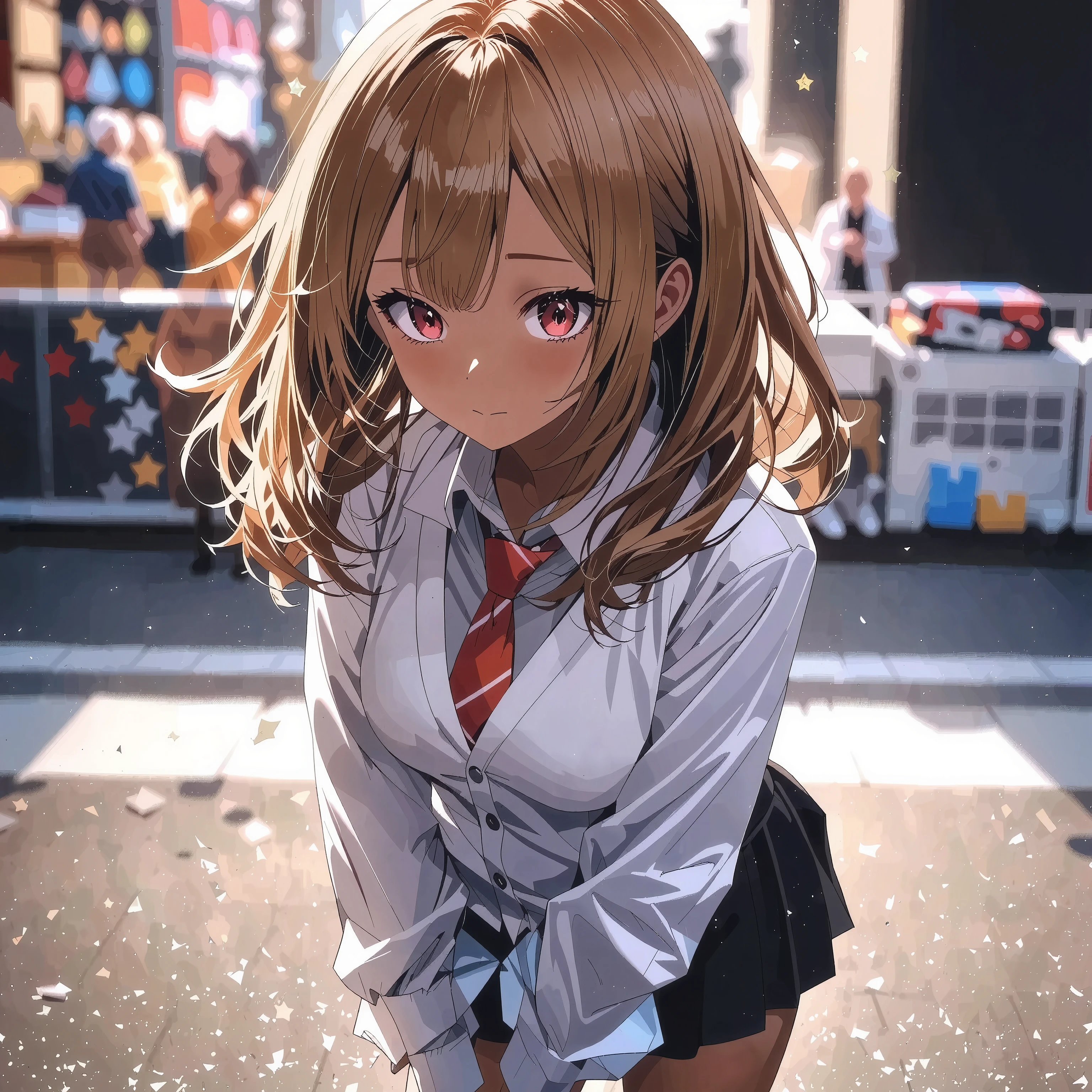 1 girl(kogyaru)、delicate expression、Slightly lonely eyes、hair is brown and semi-long、wearing uniform、loose socks、Toned Legs、is standing、The background is the cityscape、All、bright colors、High Quality、high resolution、Masterpiece、Super Fine、realistic、HDR、studio lighting、bokeh、vibrant color、Firm chest
