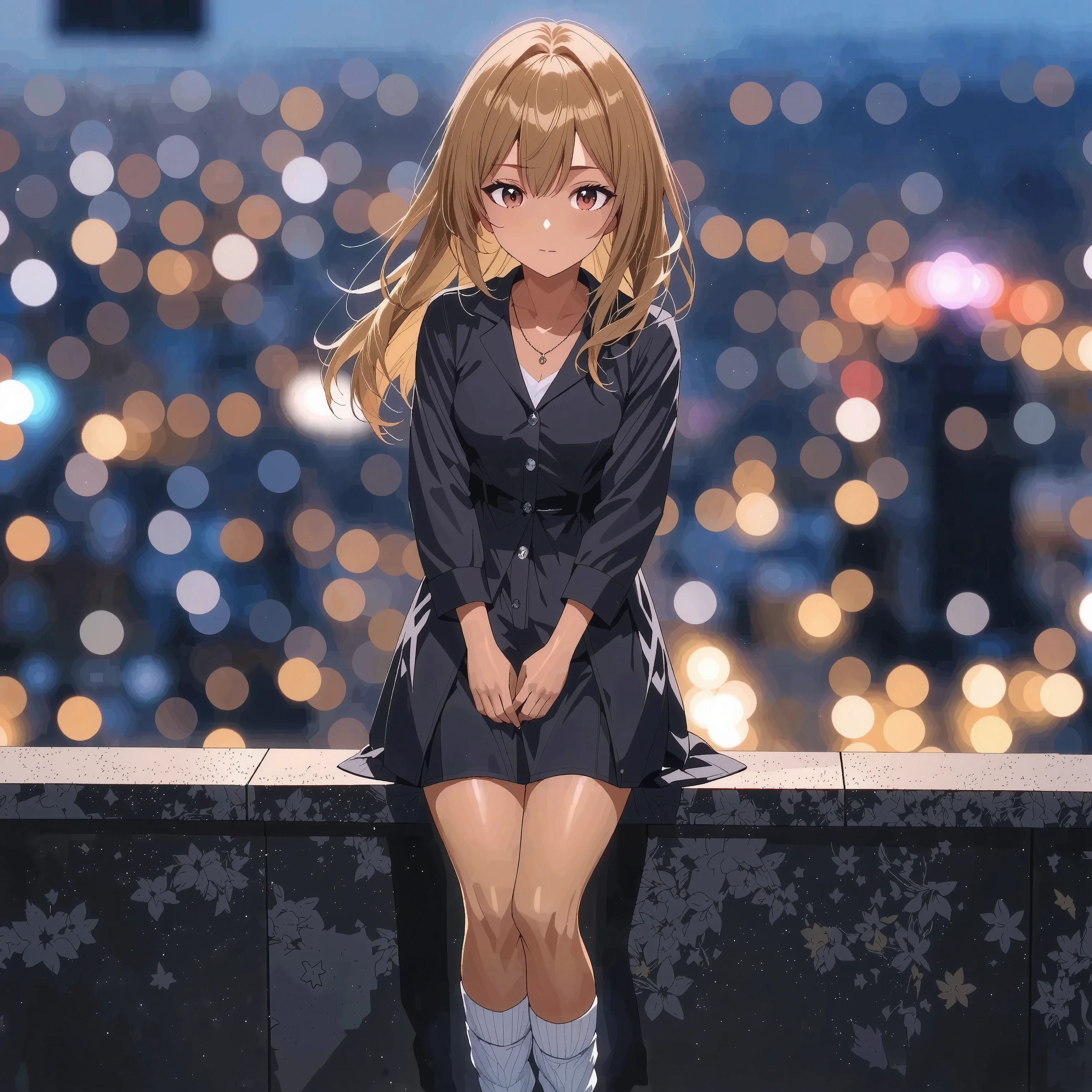 1 girl(kogyaru)、delicate expression、Slightly lonely eyes、hair is brown and semi-long、wearing uniform、loose socks、Toned Legs、is standing、The background is the cityscape、All、bright colors、High Quality、high resolution、Masterpiece、Super Fine、realistic、HDR、studio lighting、bokeh、vibrant color、Firm chest