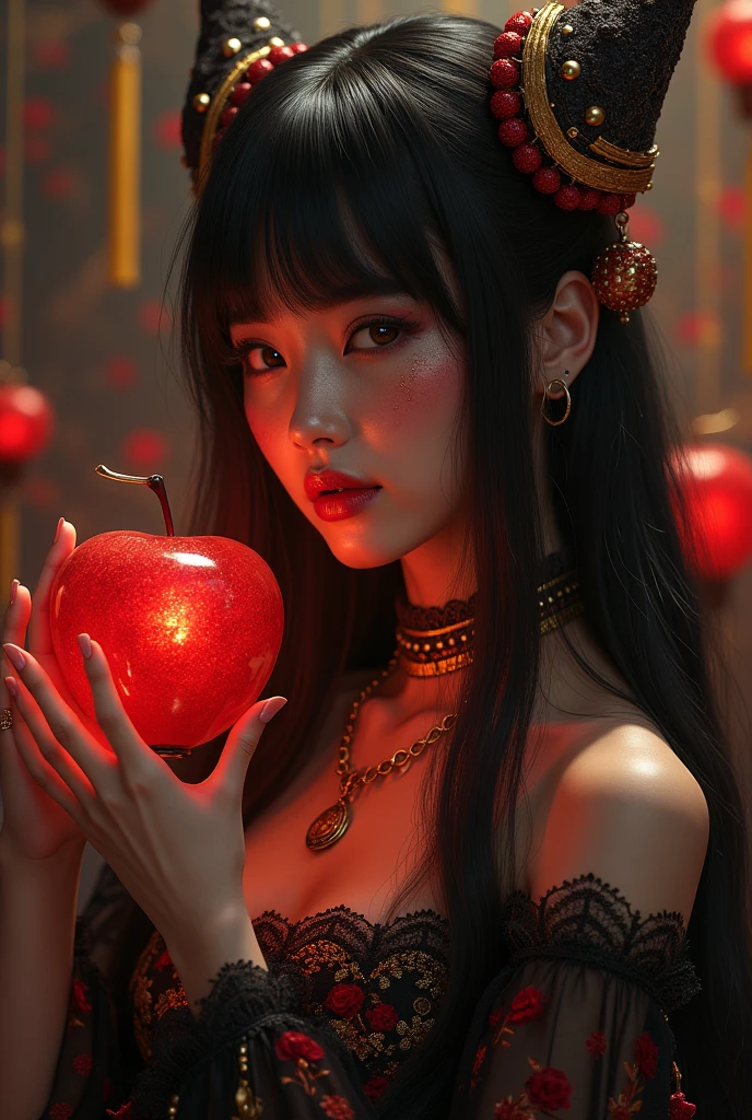((Foto RAW), absurdo, (absurd resolution)), obra-prima, Best Quality, (Extremely detailed 8k unit CG wallpaper), (best illustration), (best shade), realistic lighting, detailed and beautiful glitter, ((21 anos)), garota, long black hair, Queen Black, accessories, Apple in hand, poisoned apples,  witch queen, red lipstick background, (((Her photographic perspective)))Put a girl in your  band, with brown skin half light brown gold-plated,  with light brown hair , She will have the powers of the fire element based on China which behind her will have an animal representing her, also in the image will have your companion who will have elemental powers with animal representation but only one will have an element based on Japan, Another one will be in England, India and South Africa, There will also be their enemies but place them with little emphasis, These enemies will be their opposite and they will have technology, But it places the protagonist very prominently.