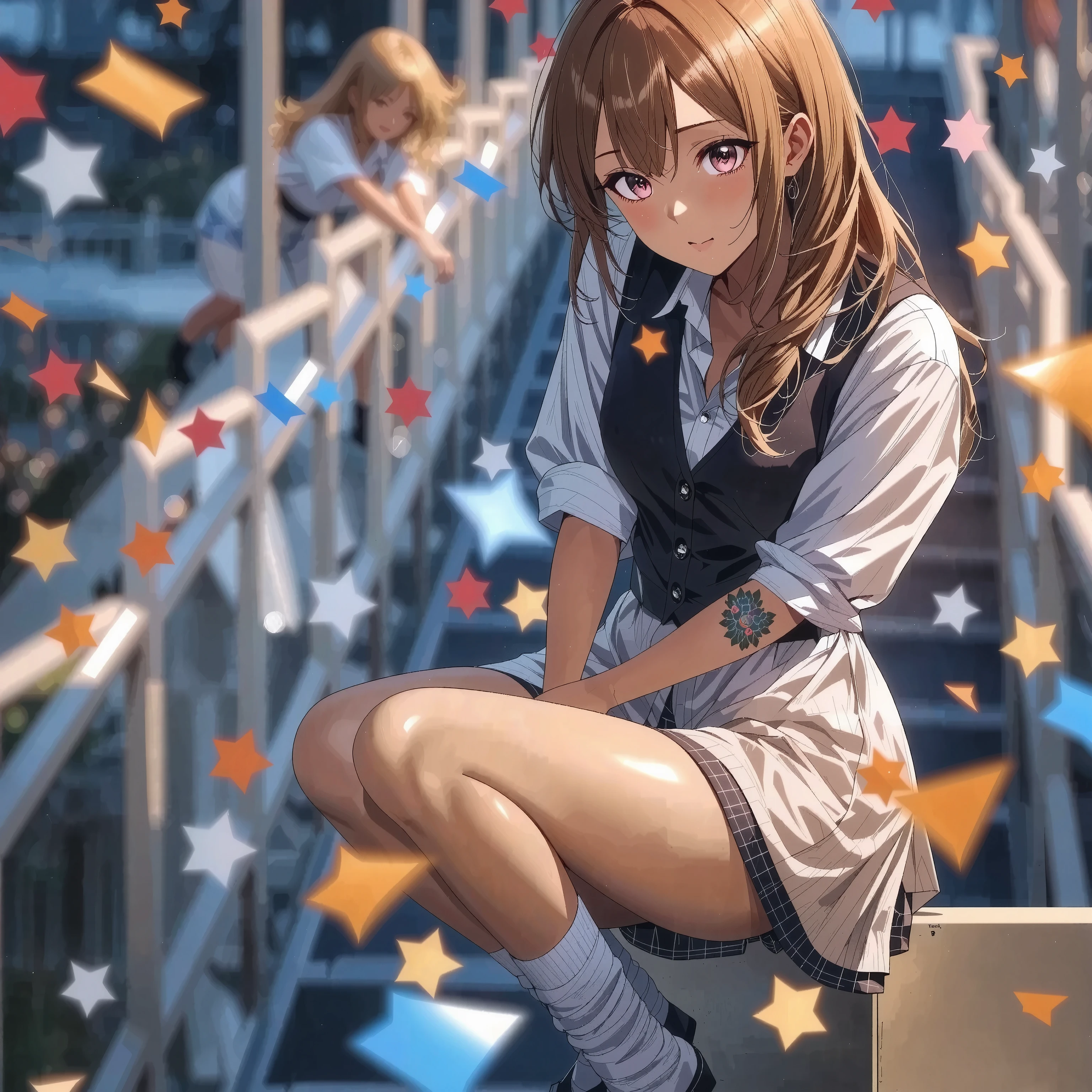 1 girl(kogyaru)、delicate expression、Slightly lonely eyes、hair is brown and semi-long、wearing uniform、loose socks、Toned Legs、is standing、The background is the cityscape、All、bright colors、High Quality、high resolution、Masterpiece、Super Fine、realistic、HDR、studio lighting、bokeh、vibrant color、Firm chest