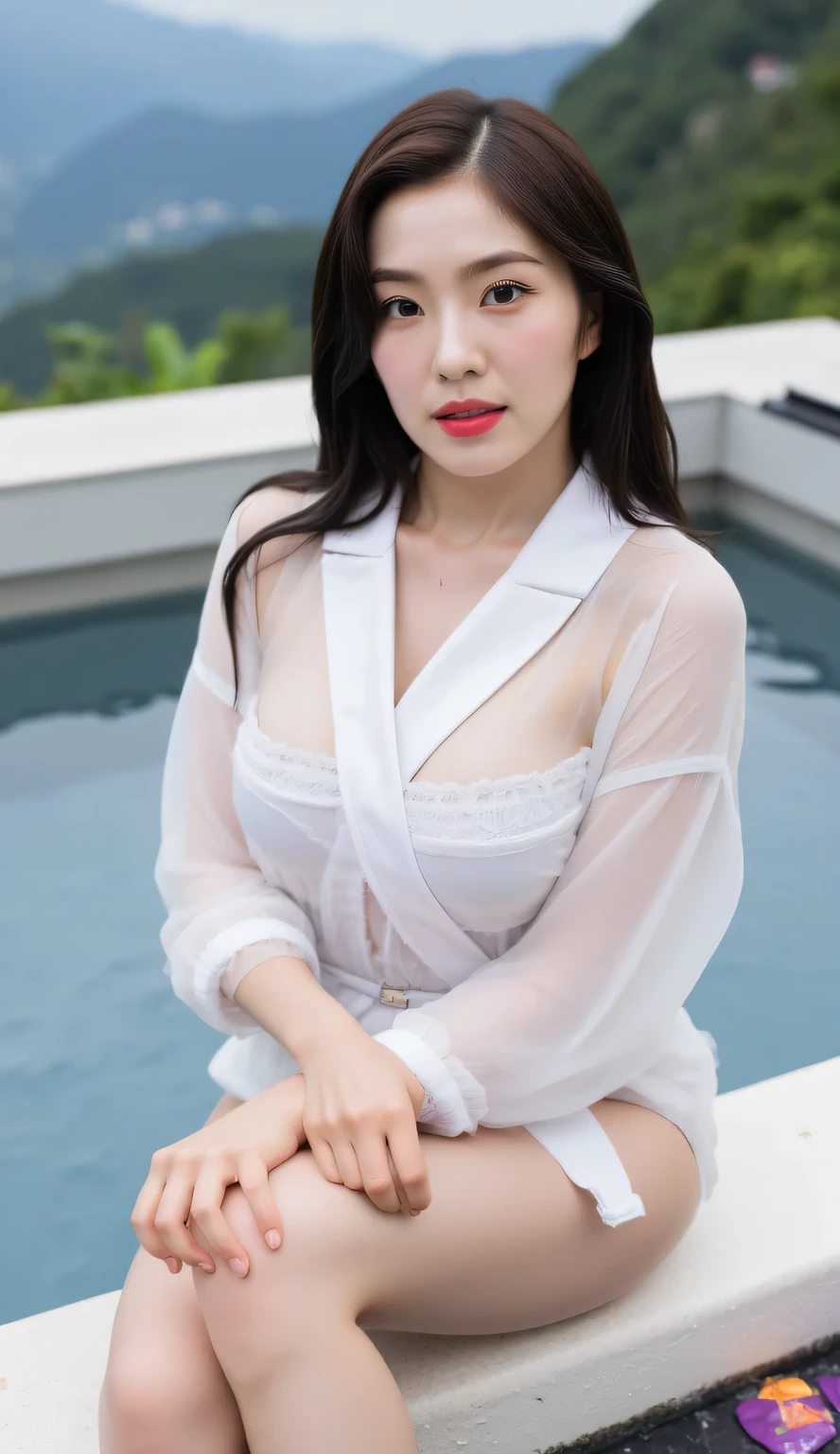 mature Indonesian woman, beautiful face, curvy body, big natural breasts, wearing a white bra, wearing a sexy shirt, mini skirt, pale white skin, free style, best quality 8k, lens focuses on the whole body, very clear and detailed results, realistic quality , playing in the water, sitting on the river bank