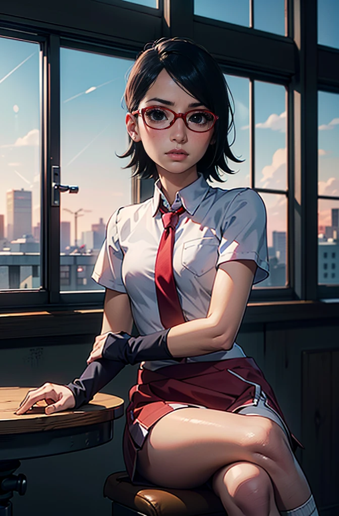 (1 menina, sozinho, sozinho), (Risa Wakatsuki ,  Sarada Uchiha, black hair, short hair,  black eyes, (Small bust), red glasses), ((sozinho, ([1mulher,batom rosa,  black eyes), extremely detailed , SOFT AMBIENT LIGHTING, 4k, perfect eyes, a perfect face, perfect lighting, a 1 garota)), ((fitness, , slender body,  athletic body , toned body)) , ((school uniform,  red skirt, white shirt, , thigh-high black socks, red tie, sitting at the table, crossed legs,  window in the background, city in the background, Small bust))