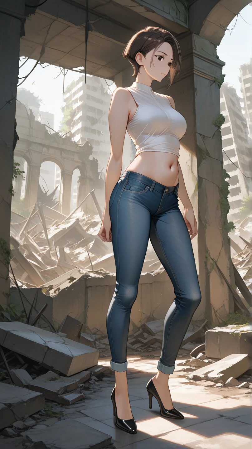 masterpiece, top quality, Ruins, ruins, one adult woman, full body, is standing, standing, very short hair, straight hair, dark brown hair, dark brown eye, belly button, white sleeveless top , blue skinny denim, black pumps, Outdoors, center view, front