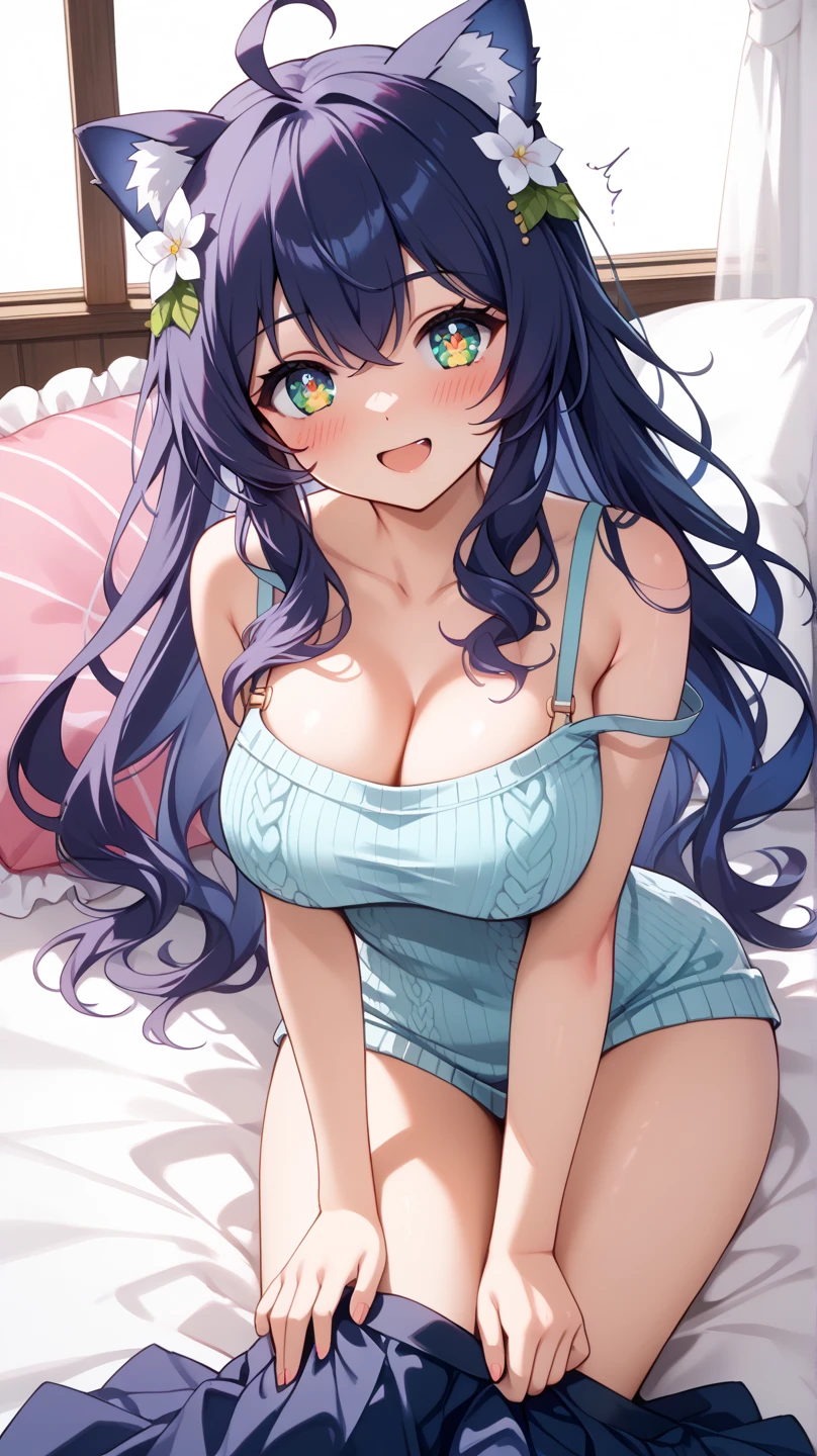 Sexy anime girl (masterpiece, high quality, high res), Nakano Miku (quintessential quintuplets), brown hair, blush, detailed face,no clothes upler waist naked, white translucent panties, wet, hot, on the bed, sexy, horny (on the bed(legs spread apart laying down with her ass showing)