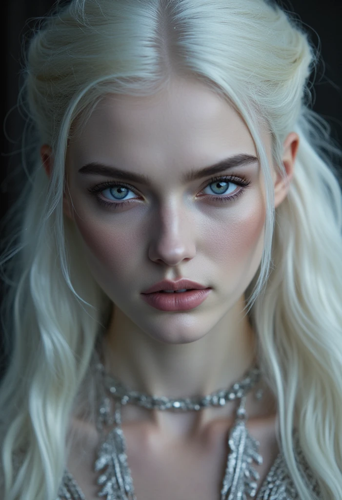 best quality, face focus, soft light, ultra high res, (photorealistic:1.4), RAW photo, realistic gothic digital art portrait, ((masterpiece)), ((best quality)), (portrait of beautiful girl), perfect detailed eyes, perfect detailed face, ultra-detailed nose, white hair, hair flaps, (crazy eyes), turn pale, yandere, fang, (fang out), depth of field, cinematic lighting, vampire, noble, luxury red dress