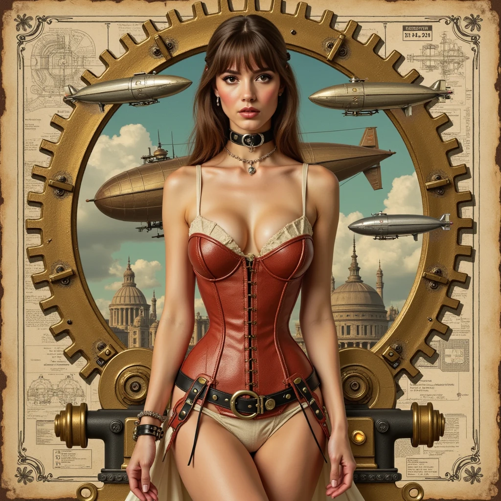 "collage art, Steampunk pinup collage as a monthly calendar — 12 women in Victorian corsets with gear accessories, in front of airships/Steam engines. each is on floating cogwheel date displays. Stil: Playboy vintage with gold embossing, Mixed-Media-Texturen (Rost, Blueprints)."**

Additional options:

    "Hajime Sorayama x Gil Elvgren Style"

    "--ar 3:4" (for calendar format)