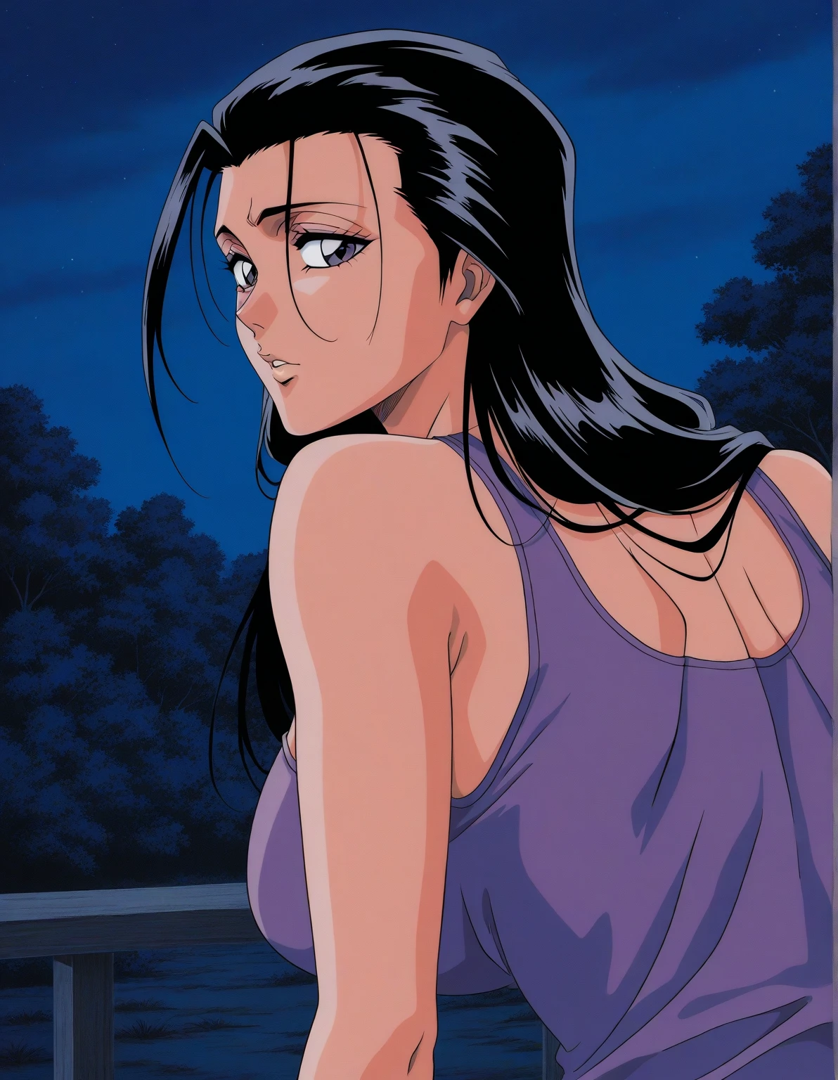 ((best quality)), ((masterpiece)), (detailed), dark tanned skin anime woman in a deep V-neck tied top, (bare shoulders), (bare arms), (jeans), (long hair), starving, (resting hands on the stomach), (hands on the stomach), (slim body), lying down