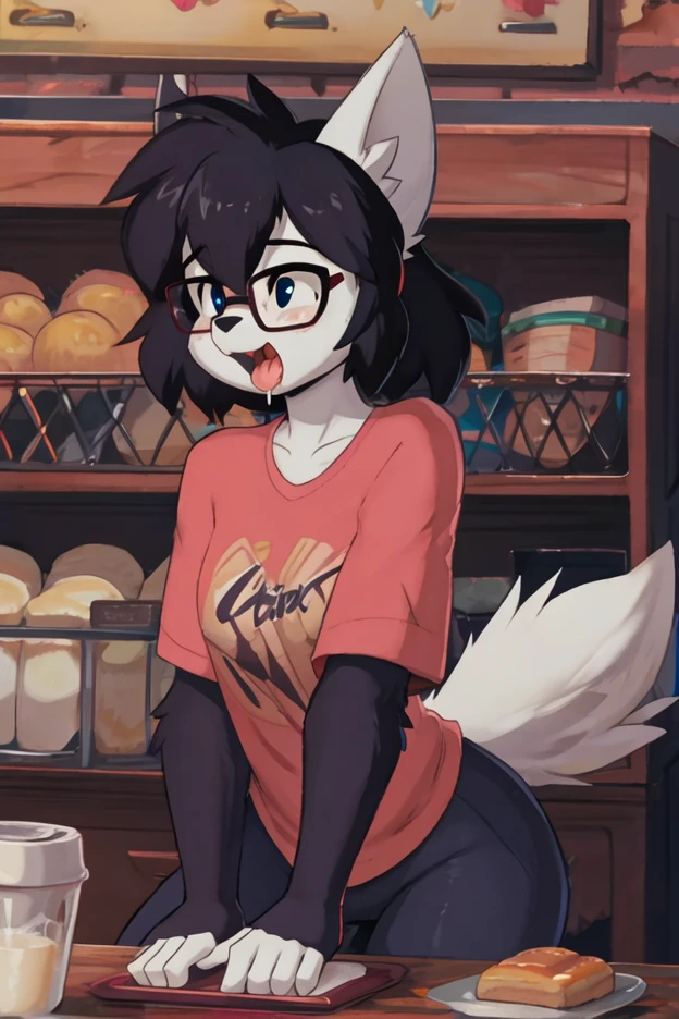 (to draw, by Burgerkiss, eu, Terans, for freedom, por Kilinah, de Coffeesoda, By Hioshiru, por Kilinah) sozinho, score_9,score_8_Alto acima,score_7_Alto acima, solid background,a young hairy anthropomorphic wolf nerd,Feminino,a young wolf, wolf snout,white wolf ears, white hairy body, a bit loud , long, messy black hair,long hair, black hair, white wolf tail , black glasses, blue eyes, white wolf ears, white wolf tail , red t-shirt, short preto ,Teeth the detailed show,Sexy drooling,Sexy makeup,, face,tongue out,gostosa,seios,peitos,High resolution