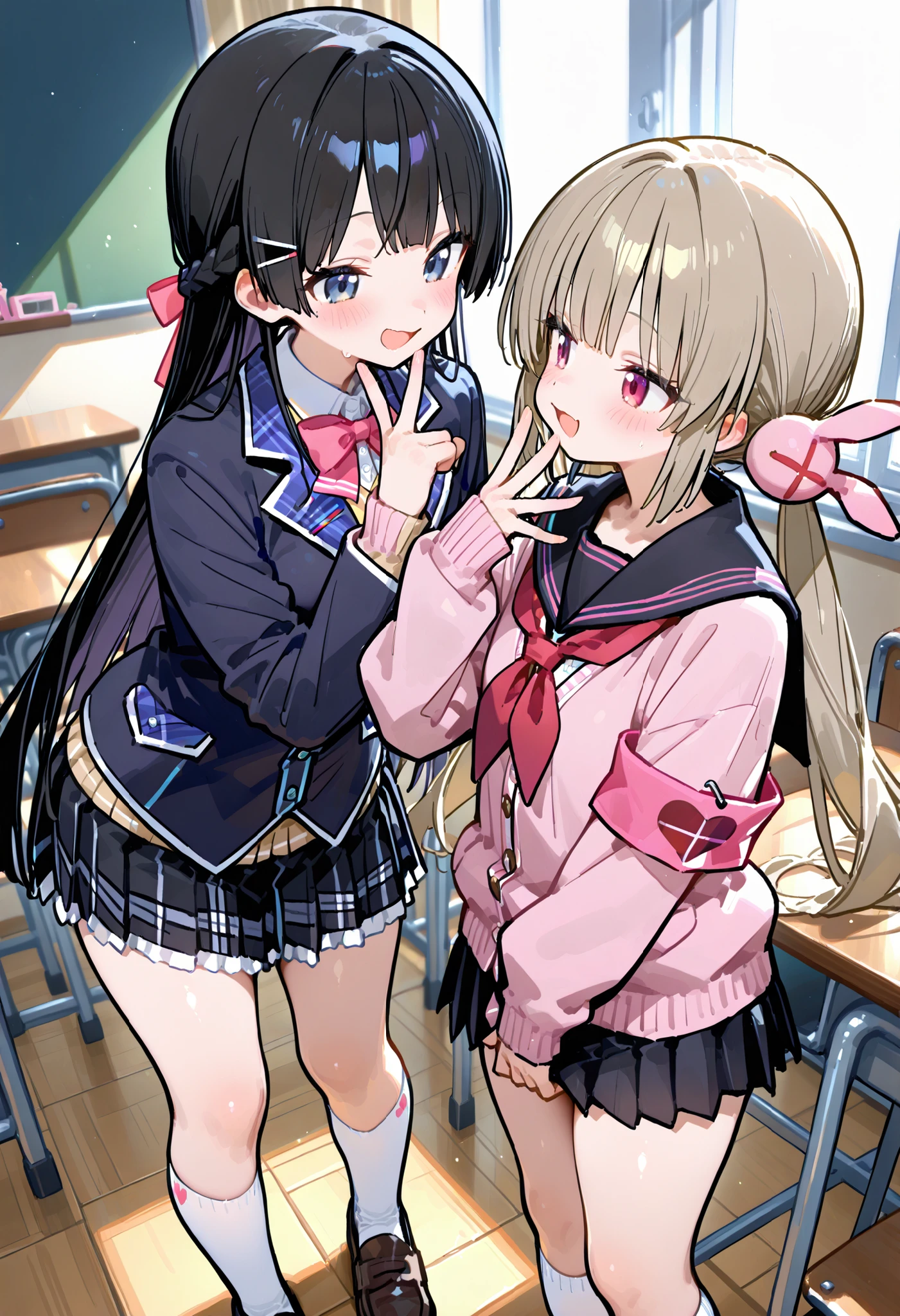 748cmstyle。2 girls。Tsukino Mito(Nijisanji)、blazer uniform。machine。hand sign。face to face。is standing。Classroom。natori sana, virtual youtuber, twintails, low twintails, hair ornament, pink cardigan, black sailor collar, red neckerchief, pleated skirt, black skirt, armband, long sleeves, white socks, loafers。laptop。black skirt