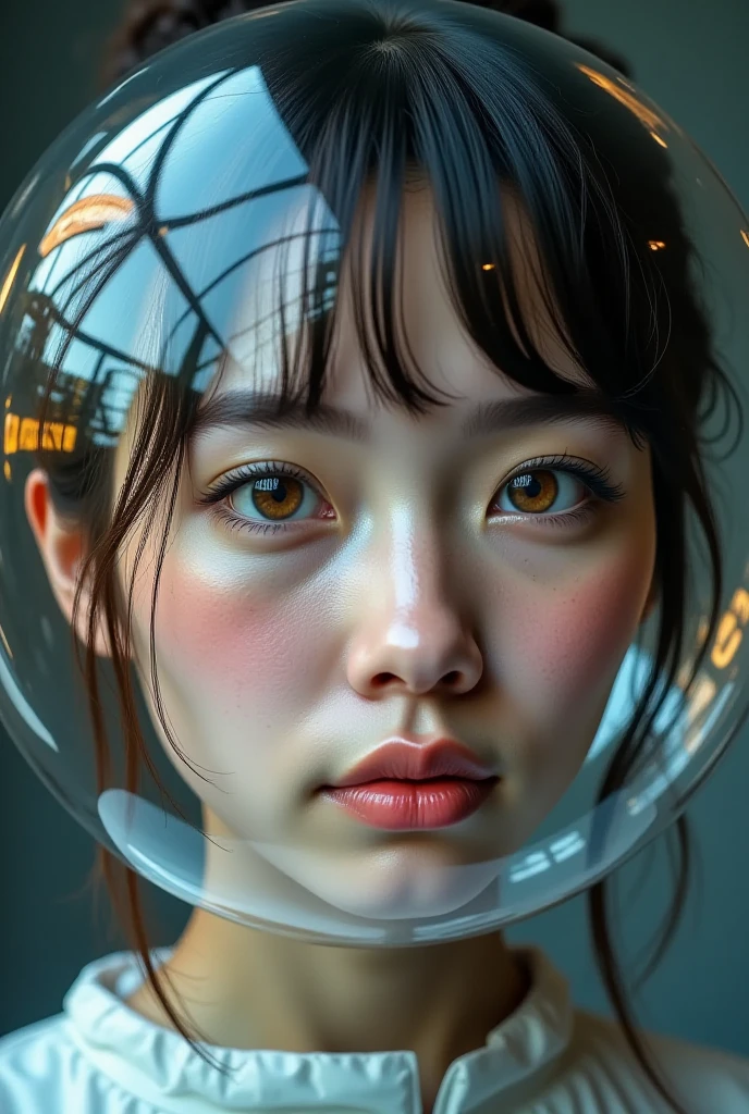 person wearing a clear bubble, social isolation, representation of ASD, portrait, detailed facial expression, posture, face, gaze, detailed portraitdetailed portrait of a person wearing a transparent bubble, social isolation, representation of autism spectrum disorder, portrait, detailed facial expression, body posture, face, intense gaze, 8K, ultra-detailed, photorealistic, HDR, physically-based rendering, vivid colors, cinematic lighting