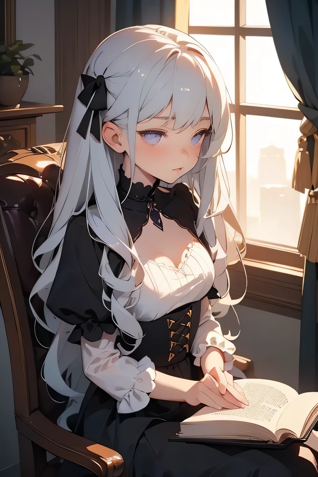 A gothic girl with long silver hair and purple eyes, sitting on an antique chair in a dark, quiet room. A single spotlight from above casts dramatic light across her delicate features and the soft ruffles of her black and white dress. In her hands, she holds an open book with blank pages, her fingers lightly resting on the edges as if waiting for the right moment. Her eyes are closed, her expression calm yet filled with anticipation, as if she's waiting for someone. The atmosphere is mysterious and intimate, the room shadowed except for the soft glow around her, as the gentle rustling of pages fills the air.
