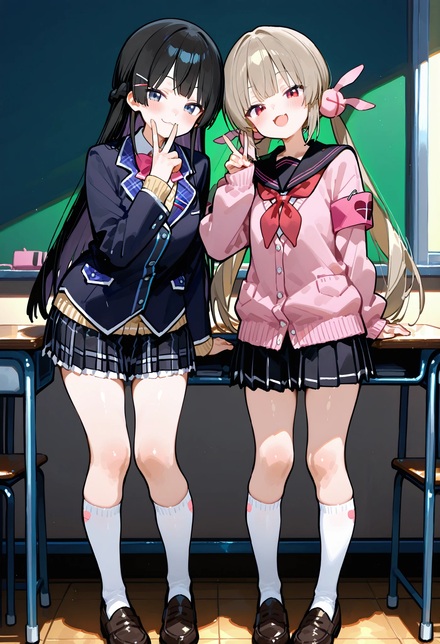 748cmstyle。2 girls。Tsukino Mito(Nijisanji)、blazer uniform。machine。 hand gesture。is standing。Classroom。natori sana, virtual youtuber, twintails, low twintails, hair ornament, pink cardigan, black sailor collar, red neckerchief, pleated skirt, black skirt, armband, long sleeves, white socks, loafers。laptop。black skirt