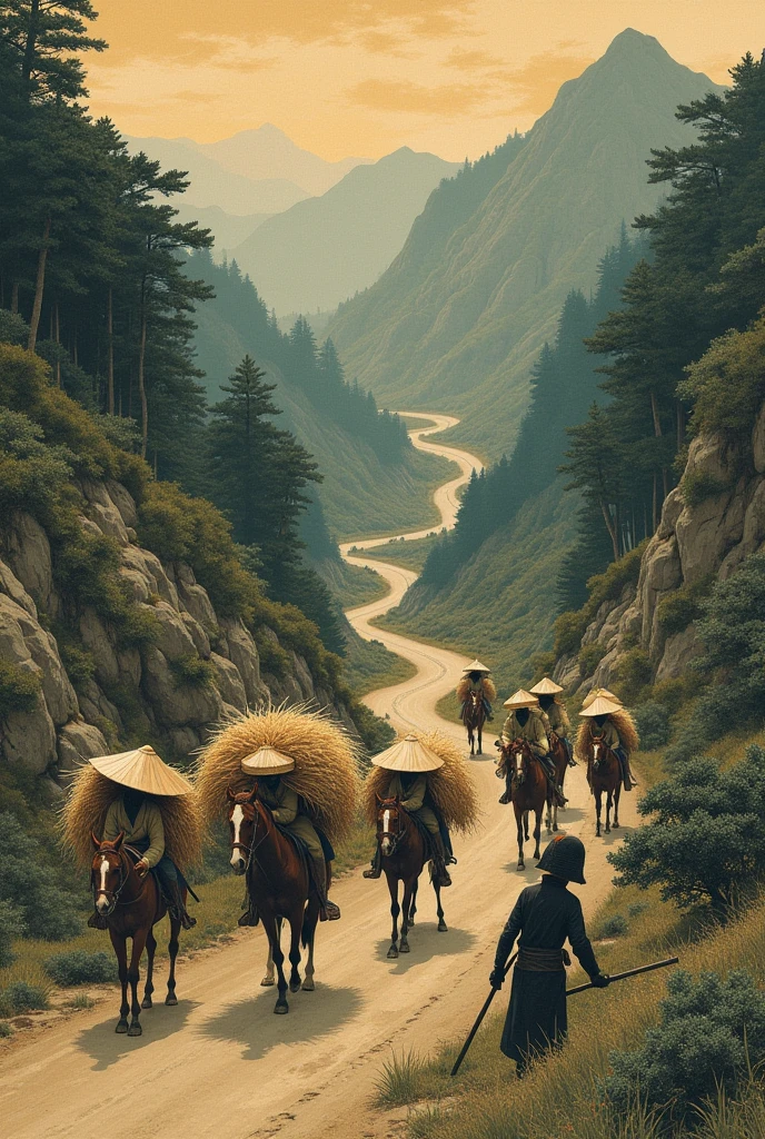 Old Japanese Painting Style, a drawing of a group of peasant traveling with a horse brought so many bags of rice. A bandit showed up and a ninja next to him. There's a bandit that brought torches too. They're ambushing the peasants and taking their horses. Make them all using a peasant hat.