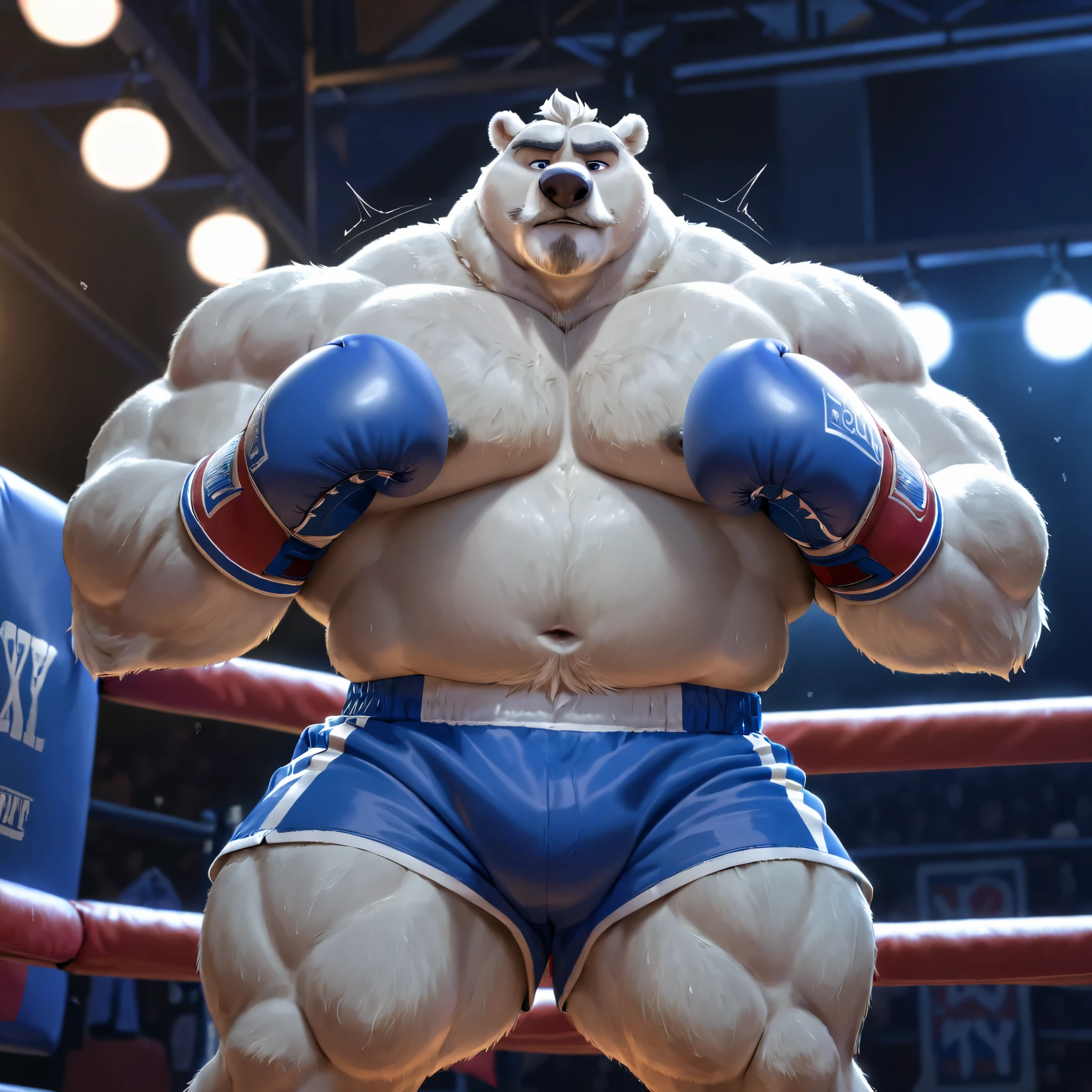 huge bulked up muscular polar bear in boxing ring, big grunting noise, big bulked up, putting his dukes up, polar bear, huge white fur, thick neck, thick arm, huge arm, gray mustache and beard, short white hair, height: 7’8, weight: 440lbs, (veiny bulked up muscular, pectoral, wide pectoral, thick bulky arms), Zootopia, 8k, masterpiece, detailed gray eyebrows, detailed eyes with blue pupils, (wearing blue boxing shorts with white lines slits, blue boxing gloves, shirtless, boxing boots, topless, half naked), Seeing how strong he is. Lights, boxing ring background