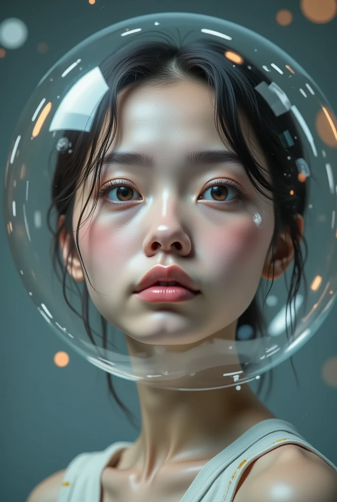 person wearing a clear bubble, social isolation, representation of ASD, portrait, detailed facial expression, posture, face, gaze, detailed portraitdetailed portrait of a person wearing a transparent bubble, social isolation, representation of autism spectrum disorder, portrait, detailed facial expression, body posture, face, intense gaze, 8K, ultra-detailed, photorealistic, HDR, physically-based rendering, vivid colors, cinematic lighting