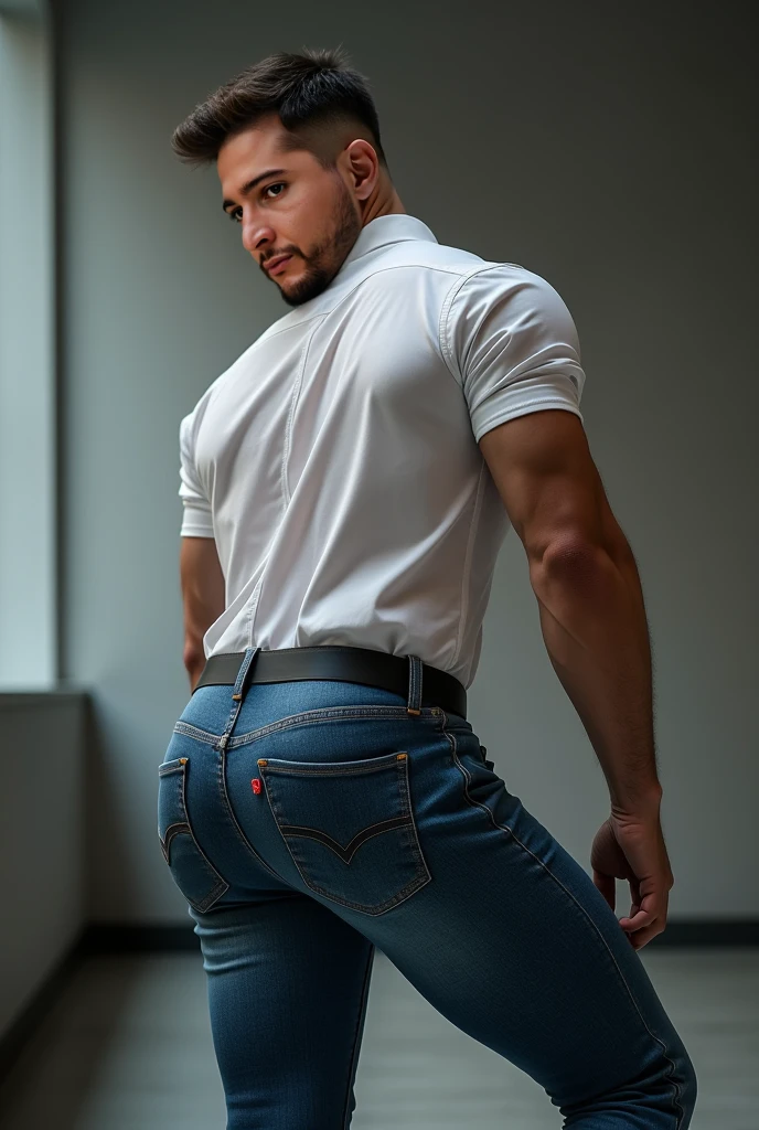 Realistic 8K image of a 33-year-old man, rubio, Fuerte, musculoso y nalgon, cabello corto, ojos verdes, Vestido con una camiseta blanca sin mangas y jeans negros, shy expression, de pie en la sala de estar de un apartamento sencillo, escena nocturna. Cuerpo completo jeans backside, same model