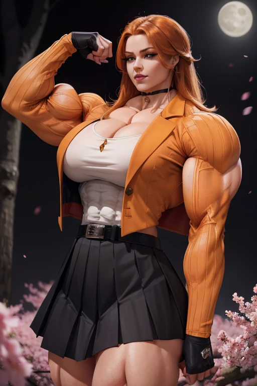 ((((Massive tall, beautiful, buff, pale white skinned muscular woman with orange hair, black lipstick, ginormous bulky muscles and wearing a orange long sleeve pleated shirt with beautiful long pleated skirt)))), (close view), (massive muscles), long shaggy hair, ((chained belt)), green eyes, choker, ((orange long sleeve pleated shirt and tie)), neck tie, ((beautiful long pleated skirt)), belt, thigh high socks, black boots, (in Hogwarts), closed smile, night, massive muscles