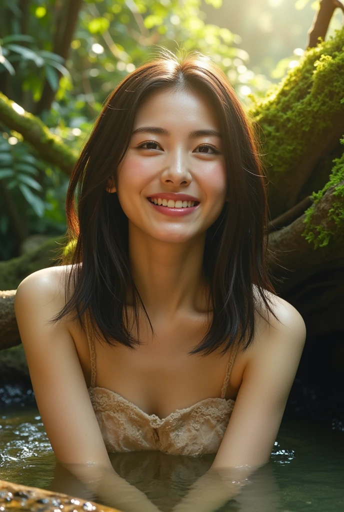 A stunning intricate color close up portrait of (sks woman:1) , Grace Park, wearing nothing, naked, sticking tongue out, big smile, tongue out epic character composition, sharp focus, natural lighting, subsurface scattering, f2, 35mm, film grain, , by Dominique Issermann, beautiful smile, smiling, long wavy hair, beautiful woman