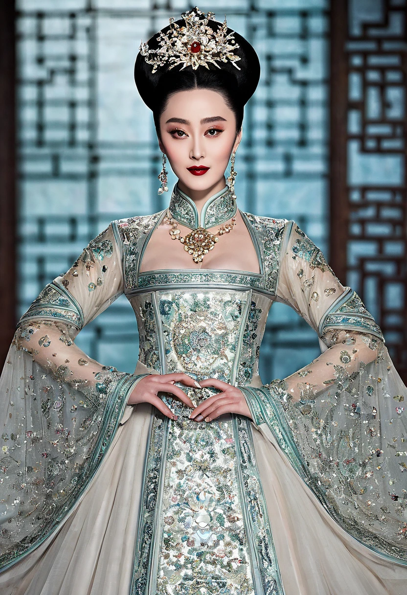 An authoritative a true scene of a breathtaking beautiful and celestial and majestic chinese lady resembling fan bingbing who is an honorable royal empress of china with large elegant, hawk-like-nose, who embodies old fashioned class, sophistication, elgance as well as wholesome, natural beauty. curvy, thin-waist, wide-????, swaying-????. Laura Vandervoort. Insanely Oppulent and majestic sequined square neck historically accurate victorian coronation multi layered tulle huge and long ancient hanfu or any ancient traditional dress of china with long tulle floating sleeves and a hint of seductive cleavage and it must be fancy like an aged empress, the beauty of her face is devilishly high and hypnotic and her eyes are like pearls with wicked smile. It is a promise of seduction as her big round ??????? swirls out and makes you to edge on your ??????, striking evil makeup with pure red lipstick that tempts to look more and more and feel scorned and humiliated by her beauty. she is in her coronation ceremony. hint of seductive cleavage makes men to submit to her. her hairstyle is a royal puffy huge Thick updo. her gaze is seductively dominant and powerful and majestic with intense charismatic. you will be forced to look at her seductive cleavage and aroused and kneel and then prostrate and worship her. the way her gaze shows and whispers: ‘Kneel and worship me my servant and show your humility.’if you watched at her you must immediately kneel and prostrate and if you don't, you shall feel extremely ????? by the hint of her seductive cleavage a burst into a huge ??????. she will force you to kneel and prostrate at her like a god whether you like it or not. you will feel possessed by her bewitching beauty and voluptuous power and she will force you to kneel and prostrate at her like a god whether you like it or not. you will feel possessed by her bewitching beauty and voluptuous power and she sees that you will be forced to kneel with her possessive power of her, JOI.