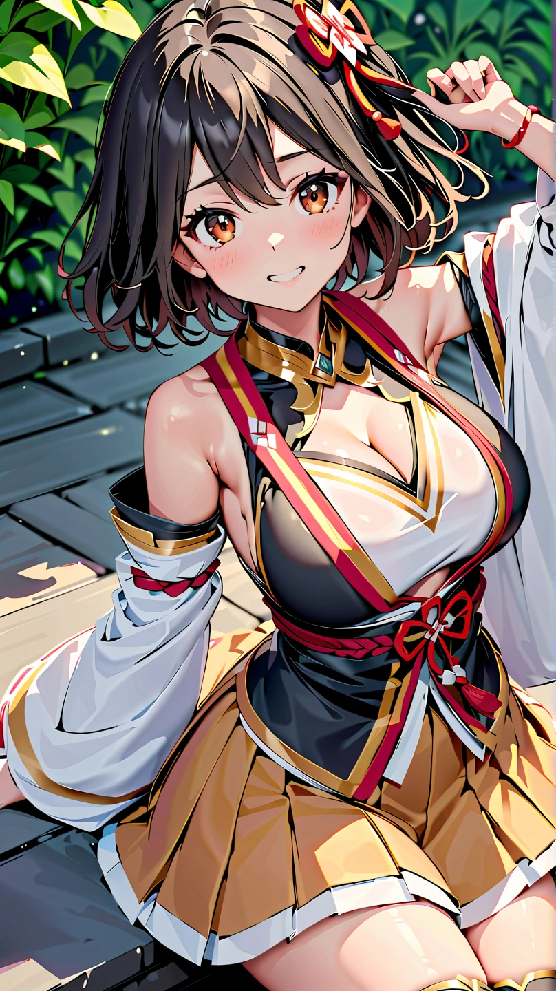 Circular shades, dark skin, afro-Caribbean, short wavy hair, light arburn eyes, dark lip stick, dark lip gloss, athletic, cleavage, smirking, wide eyes, green cape, cherry blossom print kunoichi armor, thick thighs voluptuous square physique, view from below, straddling pov, mischievous smile: , celshaded, anime screencap,