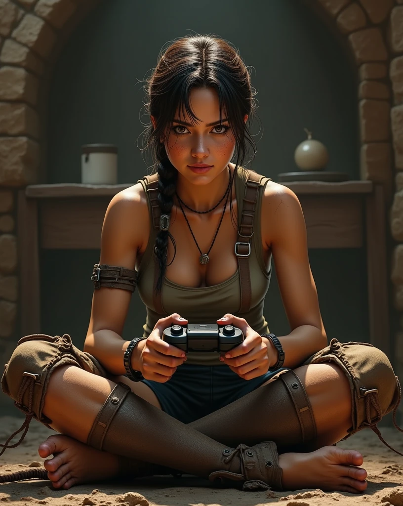 
lara croft, style réaliste, pieds nus, qui joue a la console