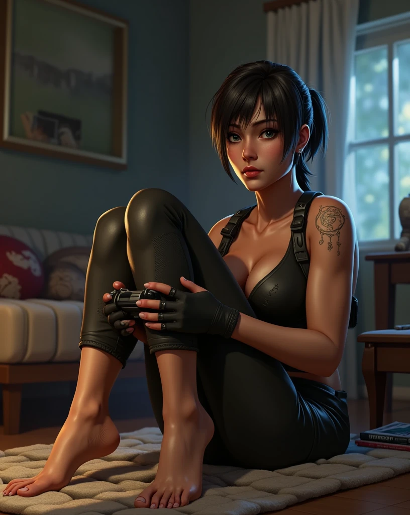 
jill valentine, style réaliste, pieds nus, qui joue a la console