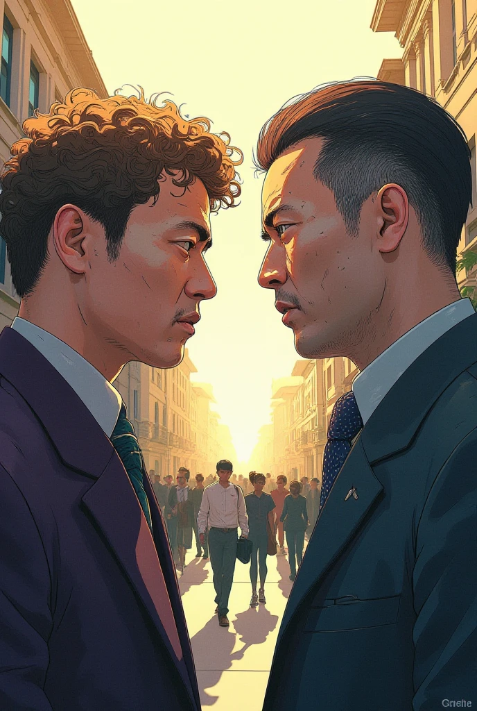 two man at the university. one is a positive professor with curly brown hair and the second one is cold and he has black hair 