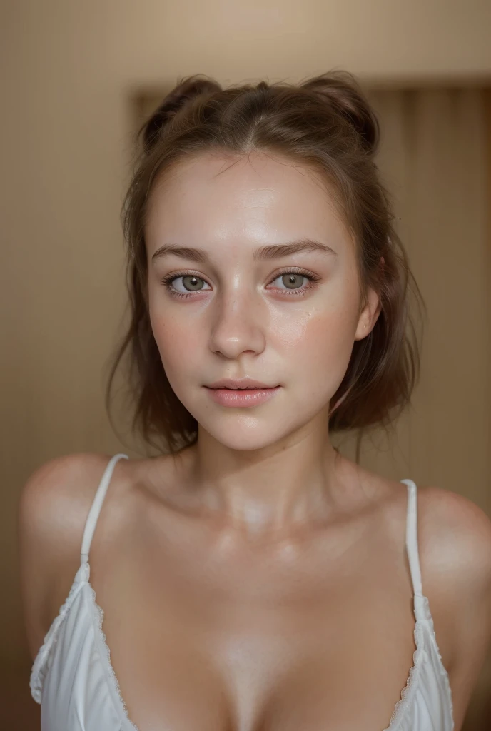 white brunette, woman, ((( very pale skin ))), ((( very light haze eyes ))), ((( dark short hair arranged in a bun with bangs ))), lovely and beautiful serious face, freckles, wonderful and perfect realistic naked body, perfect naked small breasts, perfect pointy nipples, realistic naked vagina, realistic labia, perfect bright red lips with bright red lipstick, white background, ((( direct bright lighting in her entire body ))), ((( extremely blushed cheeks ))), ((( bright green iris ))), ((( extreme thin lips ))), (((small lips )))