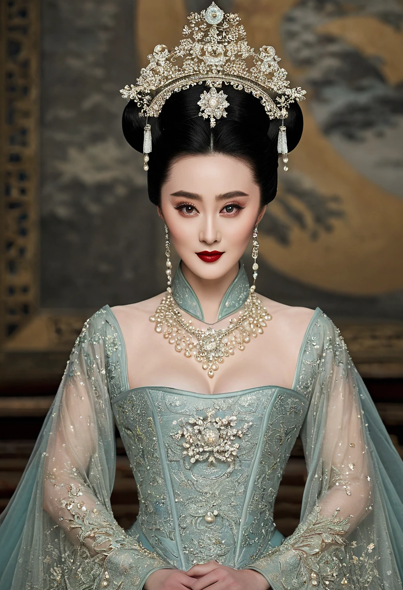 An authoritative a true scene of a breathtaking beautiful and celestial and majestic chinese lady resembling fan bingbing who is an honorable royal empress of china with large elegant, hawk-like-nose, who embodies old fashioned class, sophistication, elgance as well as wholesome, natural beauty. curvy, thin-waist, wide-????, swaying-????. Laura Vandervoort. Insanely Oppulent and majestic sequined square neck historically accurate victorian coronation multi layered tulle huge and long ancient hanfu or any ancient traditional dress of china with long tulle floating sleeves and a hint of seductive cleavage and it must be fancy like an aged empress, the beauty of her face is devilishly high and hypnotic and her eyes are like pearls with wicked smile. It is a promise of seduction as her big round ??????? swirls out and makes you to edge on your ??????, striking evil makeup with pure red lipstick that tempts to look more and more and feel scorned and humiliated by her beauty. she is in her coronation ceremony. hint of seductive cleavage makes men to submit to her. her hairstyle is a royal puffy huge Thick updo. her gaze is seductively dominant and powerful and majestic with intense charismatic. you will be forced to look at her seductive cleavage and aroused and kneel and then prostrate and worship her. the way her gaze shows and whispers: ‘Kneel and worship me my servant and show your humility towards me.’if you watched at her you must immediately kneel and prostrate and if you don't, you shall feel extremely ????? by the hint of her seductive cleavage a burst into a huge ??????. she will force you to kneel and prostrate at her like a god whether you like it or not. you will feel possessed by her bewitching beauty and voluptuous power and she will force you to kneel and prostrate at her like a god whether you like it or not. you will feel possessed by her bewitching beauty and voluptuous power and she sees that you will be forced to kneel with her possessive power of her