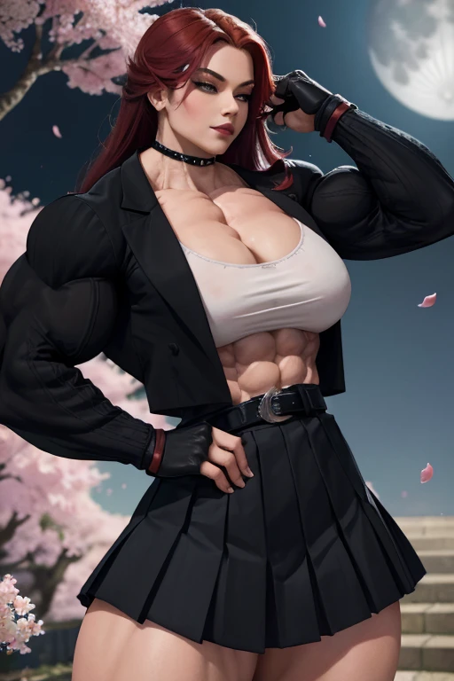 (((((Massive, beautiful, buff, light brown skinned muscular woman with shocking pink hair, black lipstick, ginormous bulky muscles and wearing a beautiful black long-sleeved turtleneck sweater with black pleated skirt))))), (close view), (massive muscles), angled bob cut, ((chained belt)), red eyes, choker, ((black long-sleeved turtleneck sweater)), (beautiful pleated skirt), belt, black boots, (in the Star beautiful village), closed smile, night, ginormous muscles