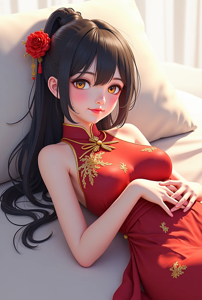 (highest quality:1.4)、High resolution、Detailed Background、(Beautiful face in every detail:1.4)、Detailed and phenomenologically correct、Realistic、Beautiful teenage girl、(Huge breasts:1.3)、Black Hair、Perfect body line、Attractive ass、attractive thick thighs、Sleeveless、Accentuate your breasts、Accentuate your cleavage、Show off your attractive armpits、room、Smiling、A style that combines sexiness and elegance、Elegant atmosphere、Panty Shot、Well-groomed eyebrows、Well-groomed eyebrows balance the entire face、cute、 A shiny, body-hugging Chinese dress、 Designs with slits and revealing chest to emphasize sexiness、 Dark colors such as red and black are effective in bringing out your sexiness.、 To enhance the sexiness of the Chinese dress, it is a good idea to wear high heels.、We especially recommend designs with straps or ribbons.、 Add pearls or metal accessories to create an elegant atmosphere.、 An updo is recommended to accentuate the design of the Chinese dress.、 Add some simple hair pins or accessories to make it even more gorgeous.、 If you have long hair, a sexy wavy hairstyle is also a good choice.、 To enhance the sexiness of a Chinese dress, it is a good idea to wear red lipstick.、 A darker red colour will give you a more sexy look.、cute