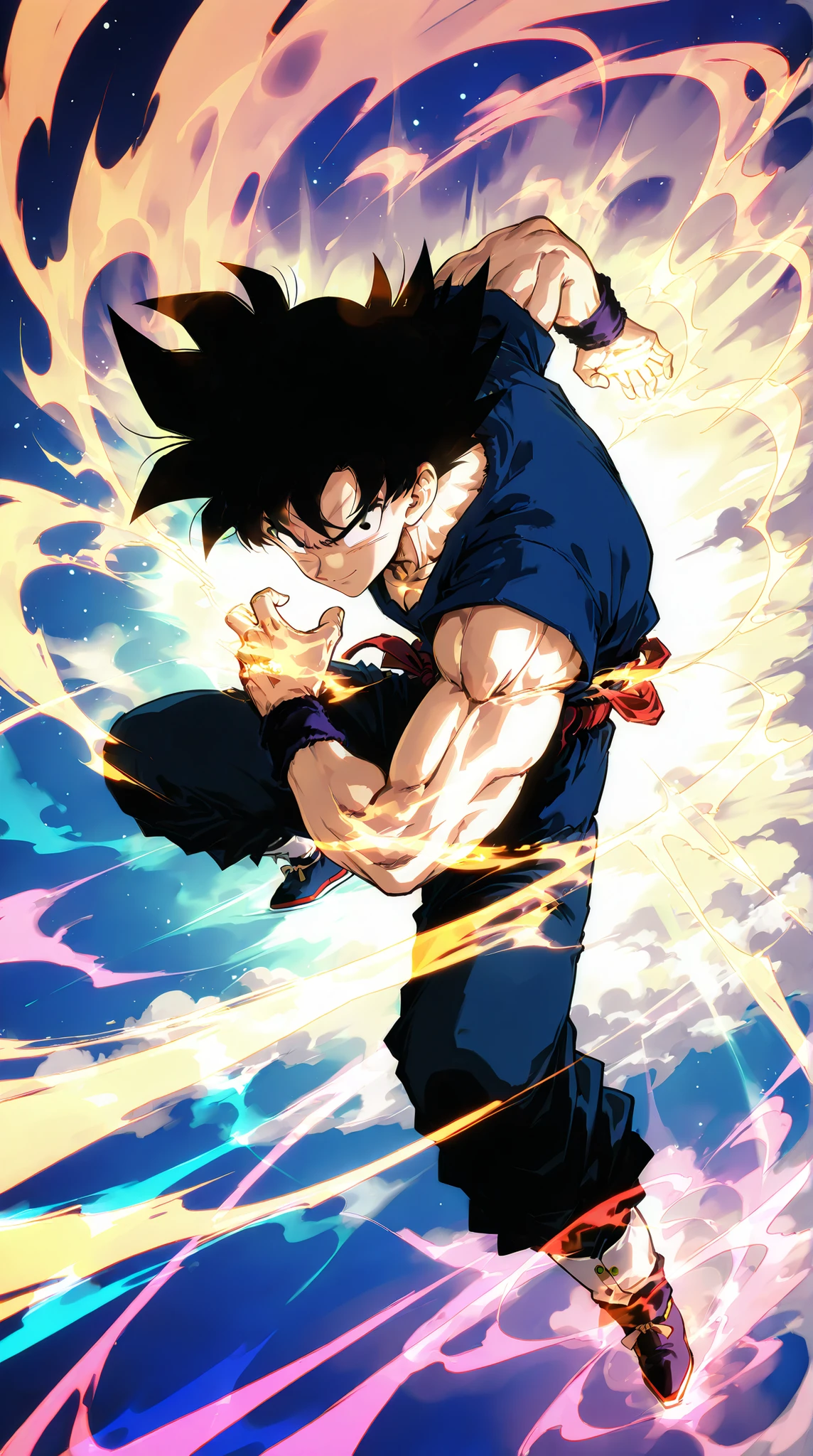 quadratic element,style of shonen anime artwork,son goku ,The proportions are correct,Face details,highly detailed eyes,hairstyle,Neck details,clothes details,getting ready to fight,short sleeves,Game quality,Light and shadow tracking,Ray traching,detailed glow,cg render,hair detail,Handsome,Handsome,(juvenile sense),Clothing is complicated, Perfectcomposition,Refinement,high qulity,higher details,Lots of details, cosmose in the background, The background is complex, a sense of atmosphere, happy looking, ((anime))((colorful)), 8k, ((masterpiece)), HDR, highly detailed, vaines poping out, professiona,cloudstick,goku,super saiyan, full body artwork, in space, (happy), (blackhair:1.2)