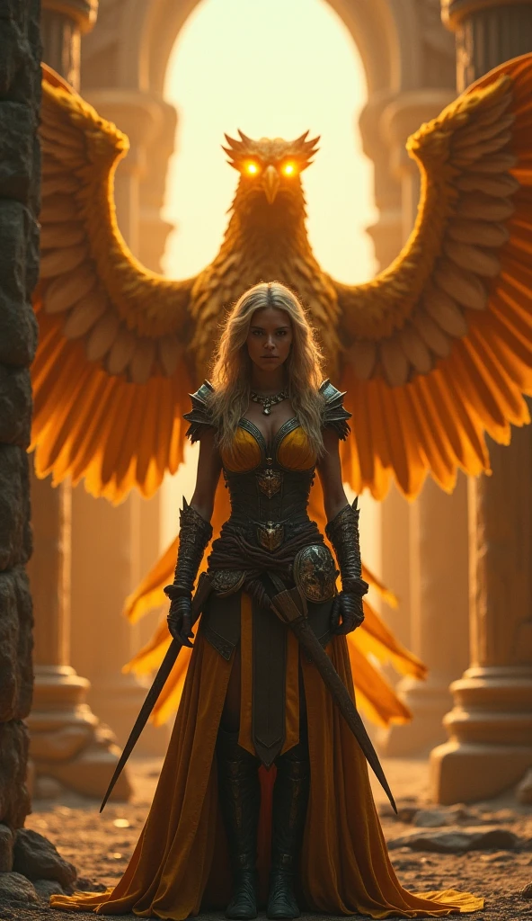 A powerful, alluring woman in cinematic battle attire, standing in ancient ruined temple. Behind her, a glowing golden griffin perched behind her looms with glowing eyes and incredible presence. Atmosphere is charged with tension and energy. Epic lighting, ultra-detailed fantasy scene, 8K resolution.
