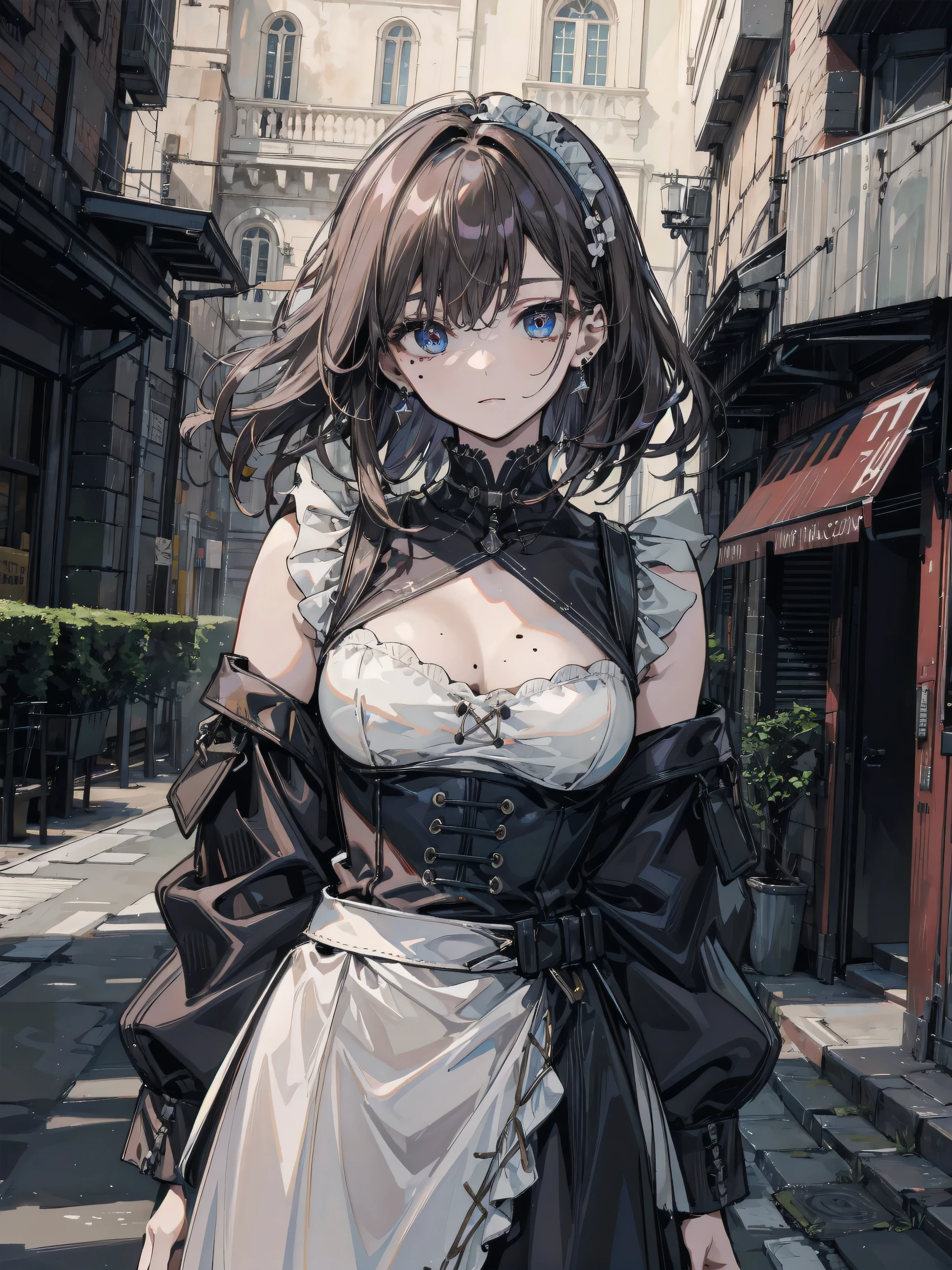 (((beautiful))), (((midi dress, frilled sleeves))), ((Black Hair, ponytail)), One Woman, Large Breasts,, Cleavage, Sweat, Glowing Skin, (((Intricate details))), High resolution, ((Intricate details, Ultra-detailed)), whole body, Are standing, looking at the camera, Red cheeks, smile, smile, Walking the Streets