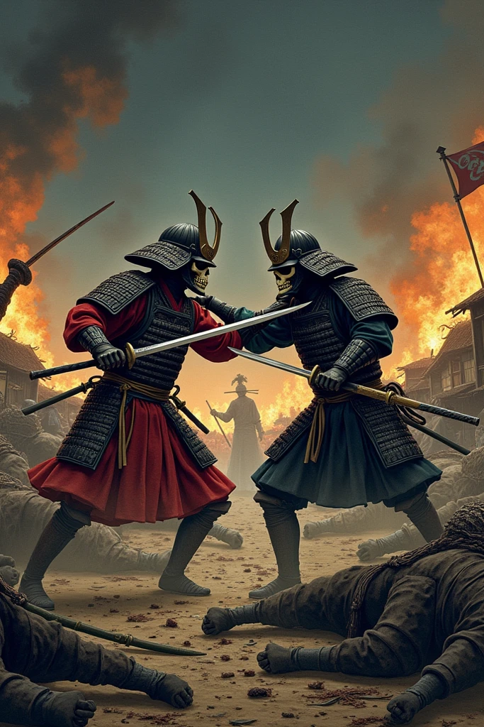 in the old Japanese painting style。at night。just add grass to the background、draw an army of dead samurai with arrows lying on the ground、draw a battle scene between a normal samurai wearing red armor and a samurai's metal mask {x} a samurai in black armor using a skull mask。written on it。the village。don't add an army formation。upgrade your armor、add more farmers fighting back with bamboo。go to the battlefield、and burn、where one sword and one sword collide。Now let's make the samurai helmet look better。the battle is all over。add more houses at a distance、kill farmers with swords and arrows。grab the sword、they are sporadically guerrilla-like Nishi。create more interactions。set the time to night、just make enemies。so this is a battle between samurai and villagers in a village。That's good.。Many samurai armies are killing farmers with swords。draw a burning villager's house。During the battle「Ghost Samurai」scatter enemies between allied samurai Let's add a samurai flag with。an archer who shoots arrows from a distance、draw the village and villagers' houses、Fight again。lake near this village Add。pull out the crossbow and shoot、change the samurai's point of view to the top and side。one sword and one sword will attack another sword。