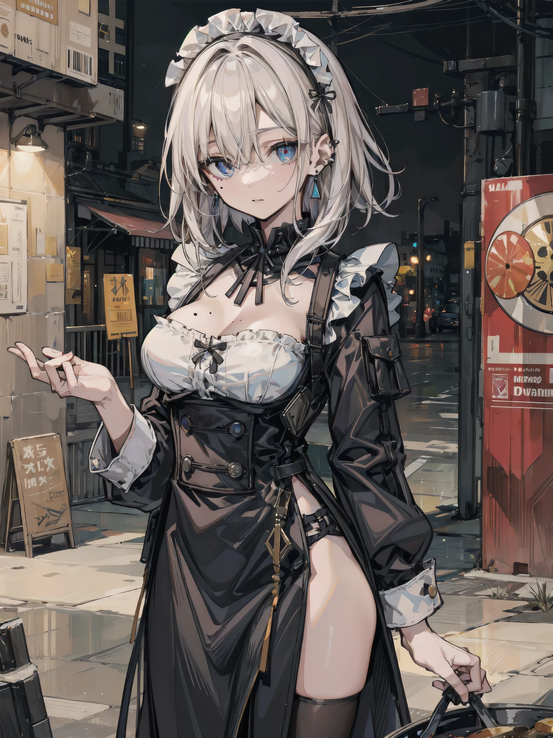 highest quality, masterpiece, long eyelashes, blue eyes punk girl, Dressed in punk clothes, super mini skirt, Sparkling, big breasts, Cat ear, white hair, spread legs, oneesan