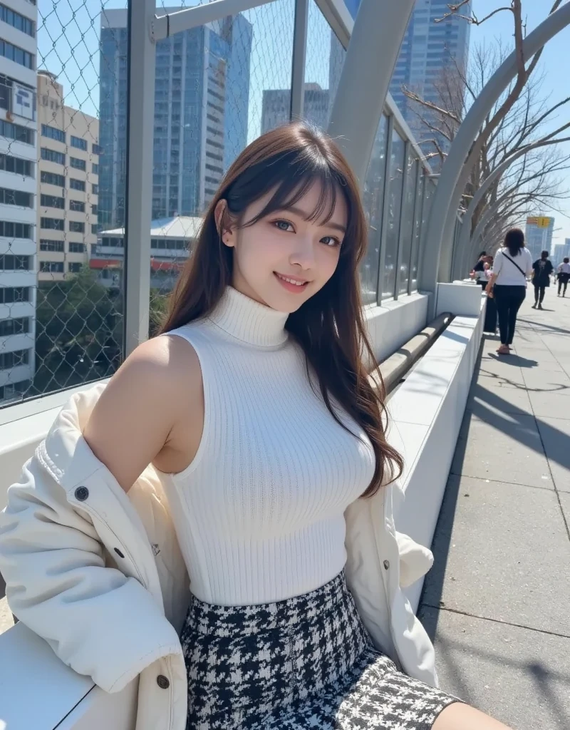 Photo of an attractive woman at an outdoor party. She has long dark hair in a ponytail and is wearing a white sleeveless sweater and skirt, a bodycon dress. She is standing on a balcony with a view over a grass field with tents lit up by lights, at night. The image was posted to Snapchat. --ar 3:4